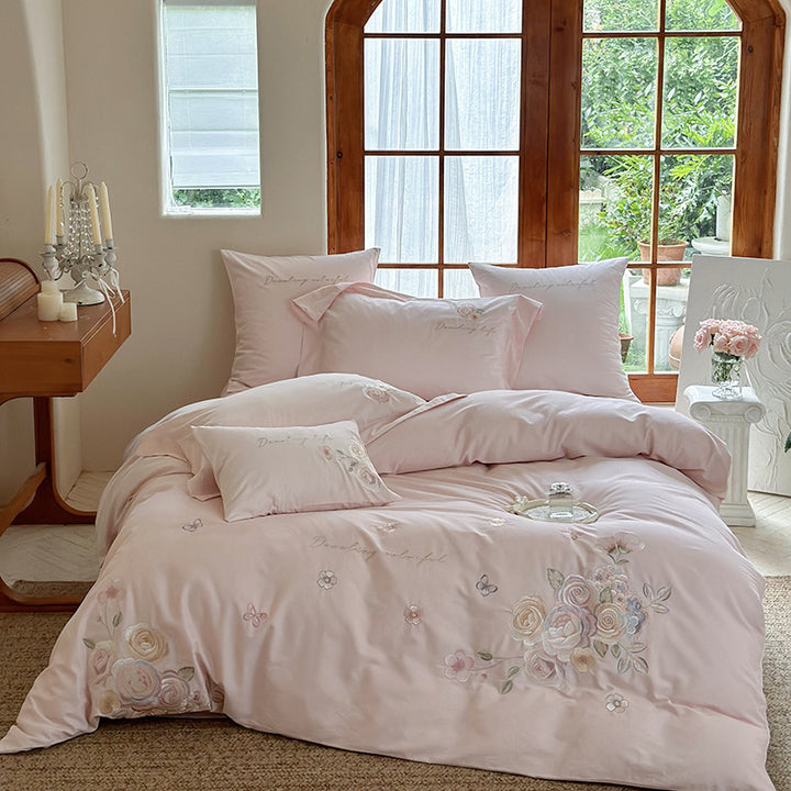 Embroidered Floral Satin Duvet Cover Set with Decorative Bow and Matching Pillow Shams