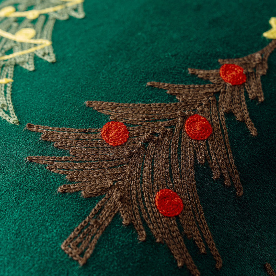Plush Velvet Square Accent Pillow Cover with Hand-Stitched Christmas Tree Embroidery and Blanket-Stitch Edge