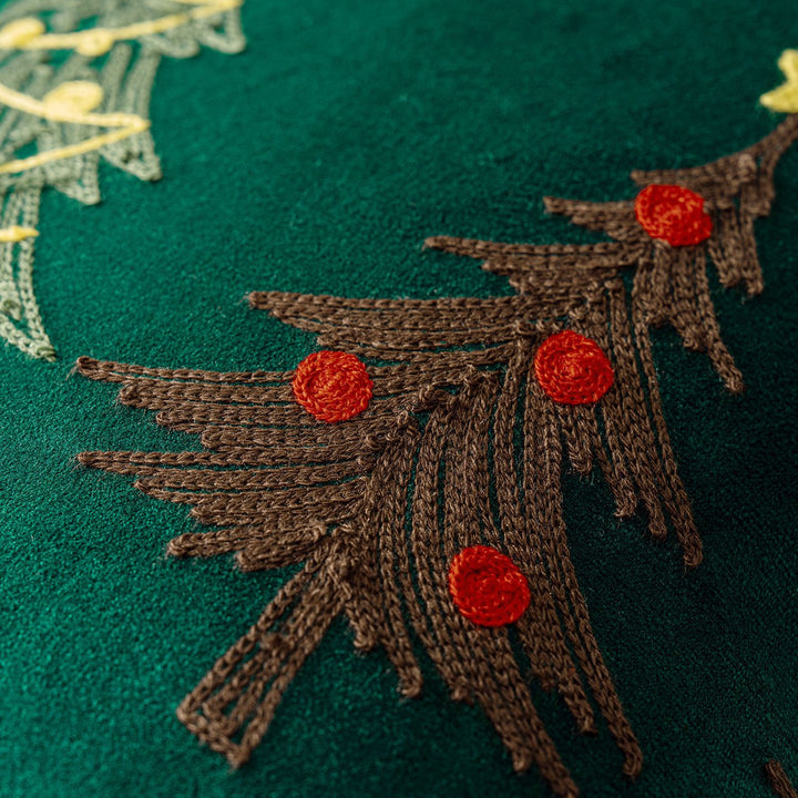 Plush Velvet Square Accent Pillow Cover with Hand-Stitched Christmas Tree Embroidery and Blanket-Stitch Edge