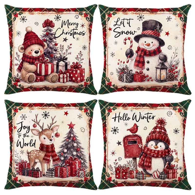 Festive Holiday Reindeer Decorative Square Pillow Cover with Plaid Border and Concealed Zipper