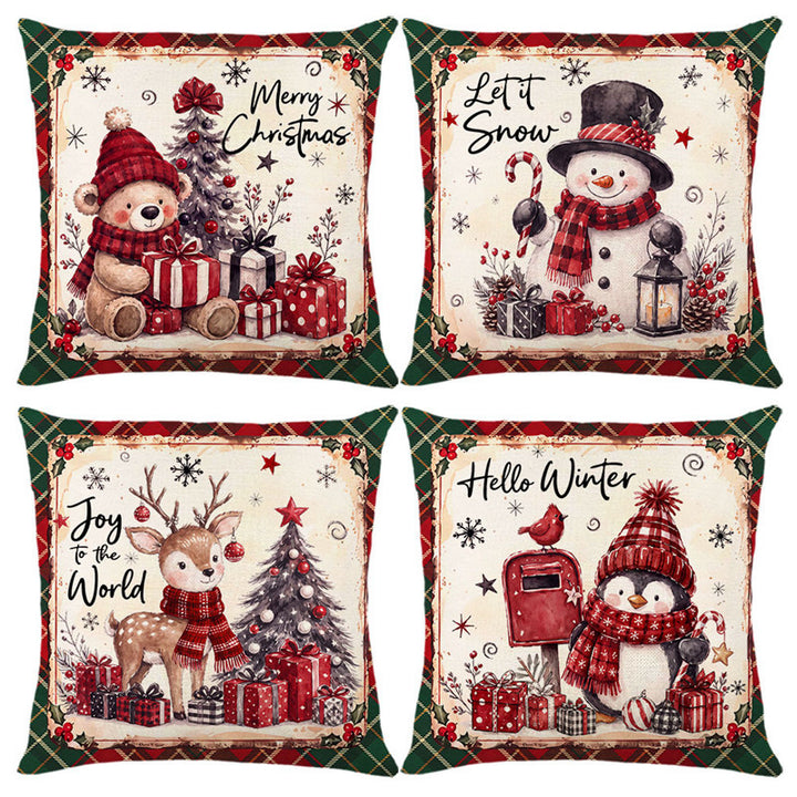 Festive Holiday Reindeer Decorative Square Pillow Cover with Plaid Border and Concealed Zipper