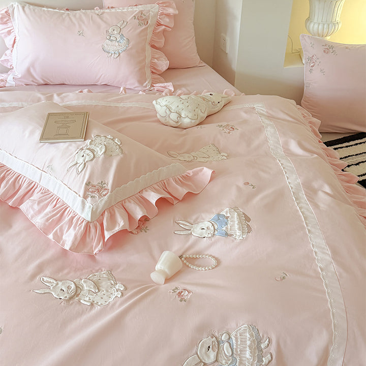 Ruffled Appliqué Embroidered Bunny Duvet Cover and Sham Set
