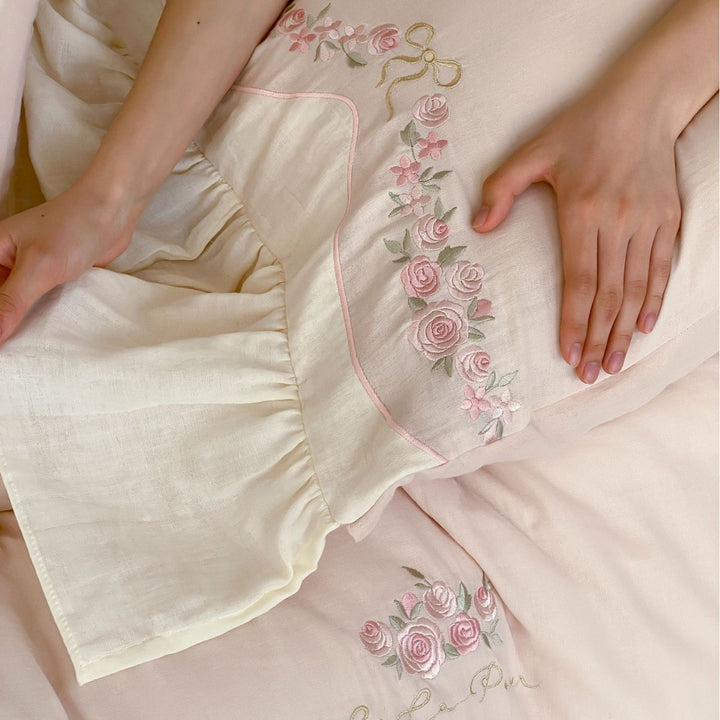 Deluxe Cotton Sateen Floral Embroidery Duvet Cover Set with Ruffled Bedskirt & Oxford Shams