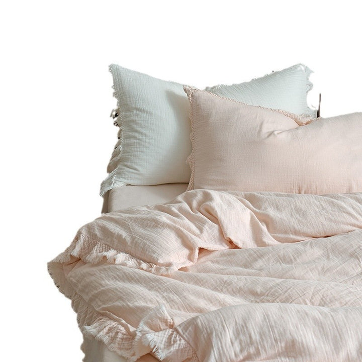 Cotton Gauze Fringed Duvet Cover Set with Washed Linen Texture