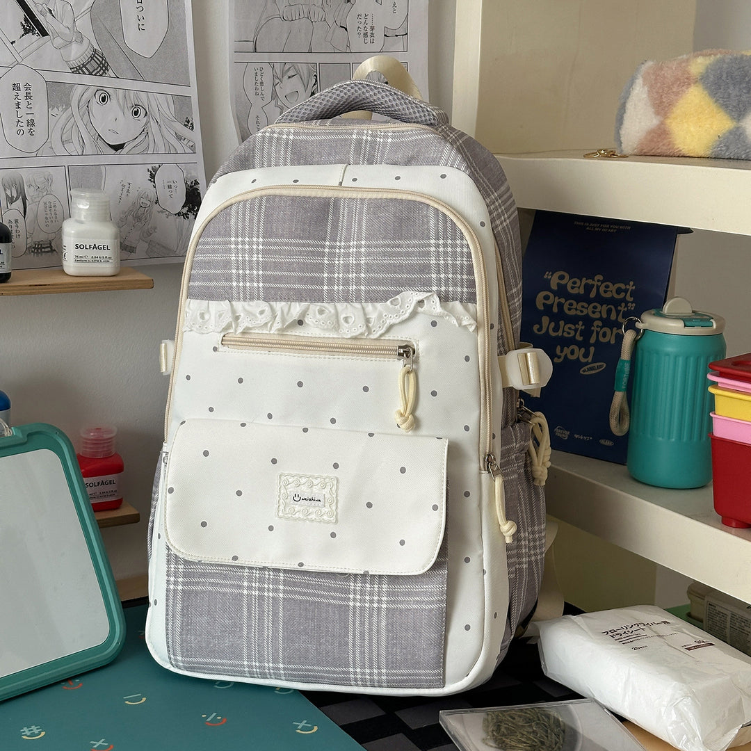 Plaid Patterned School Backpack with Cute Bunny Keychain Stornfield