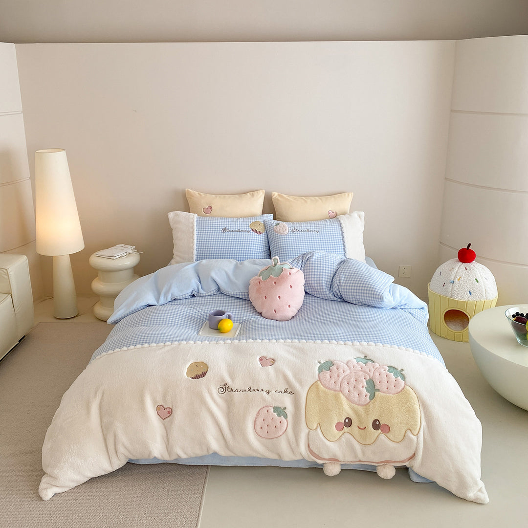 Reversible Plush Strawberry Embroidered Duvet Cover Set with Gingham Sheet & Pillow Shams
