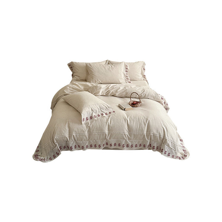 Artisan Embroidered Cherry-Motif Cotton-Linen Duvet Cover Set with Scalloped Lace Hem