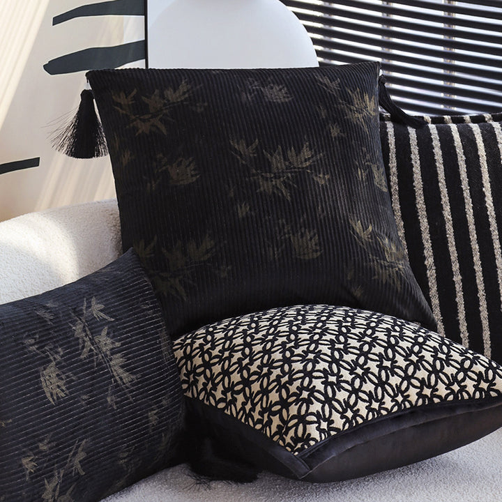 Square decorative cushion made of velvet with relief longitudinal stripes and fringe tassel Stornfield
