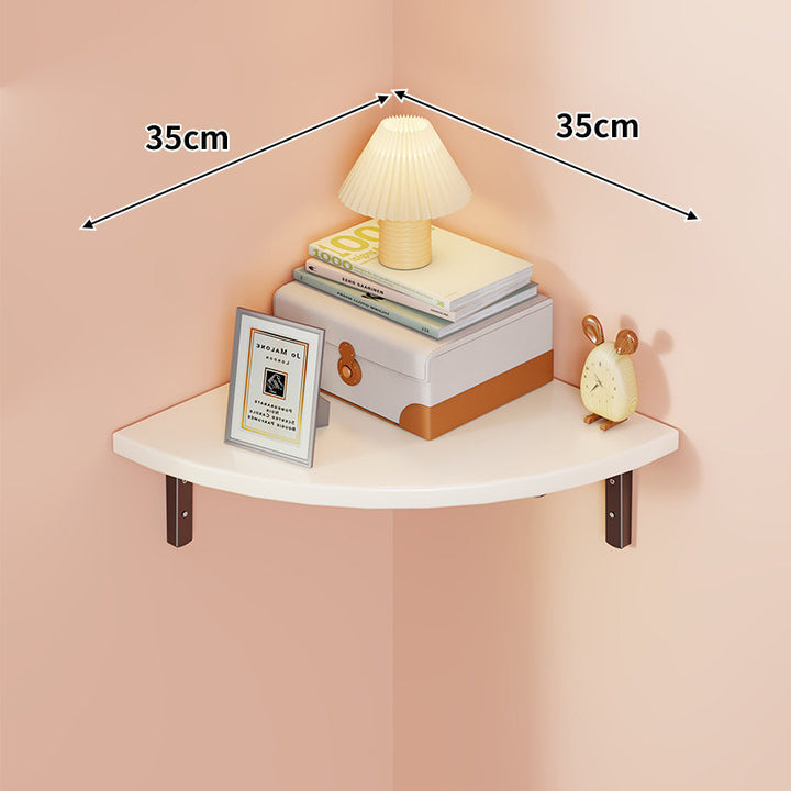Corner Wall-Mounted Floating Shelf with Rounded Triangular Solid Wood Top and Metal Support Brackets