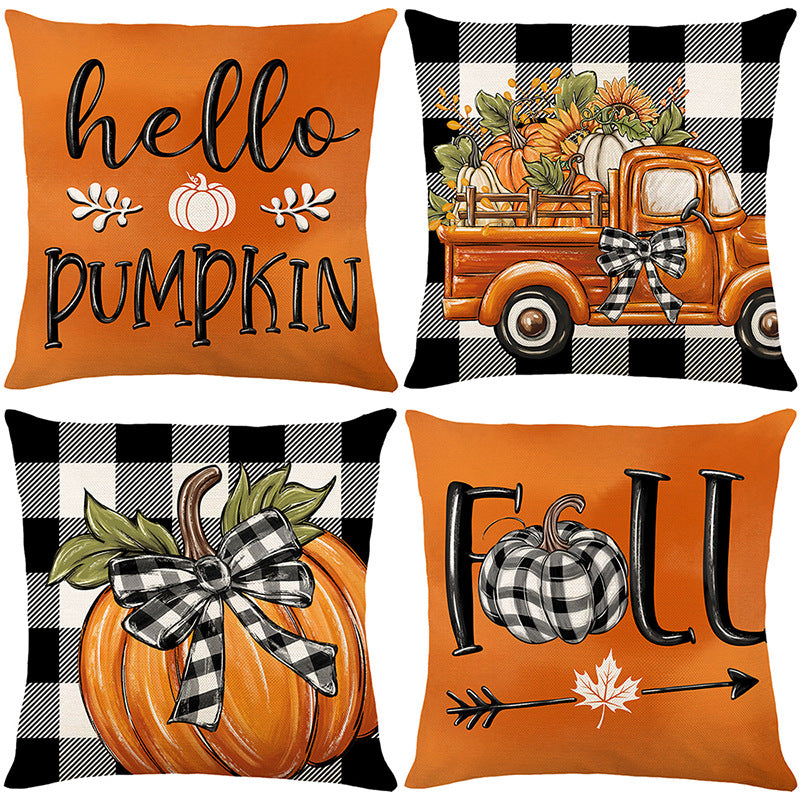 Decorative Cotton-Linen Fall Hello Pumpkin Square Throw Pillow Cover with Hidden Zipper
