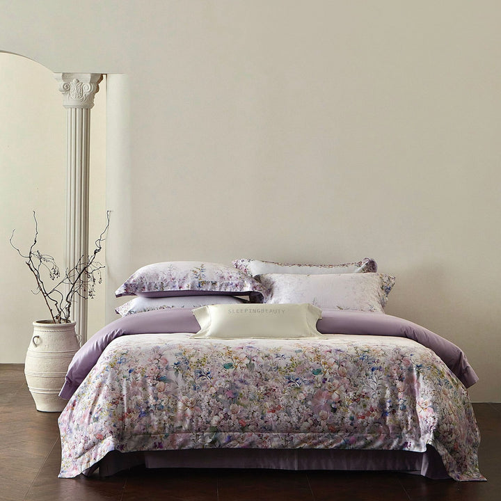 Luxury Floral Cotton Sateen Duvet Cover Set with Contrast Hem and Pillow Shams