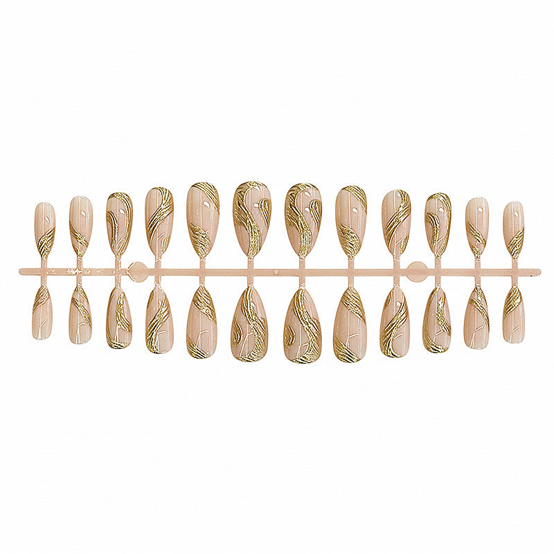 Artistic Press-On Nail Set with Gold Swirl Design Stornfield
