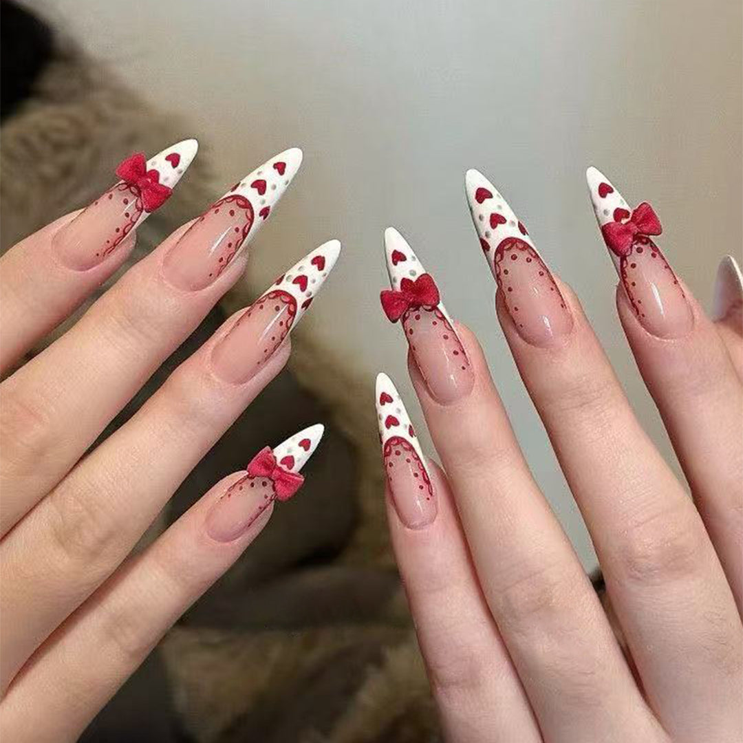 Stiletto Press-On Nail Art Set with Heart and Bow Design Stornfield