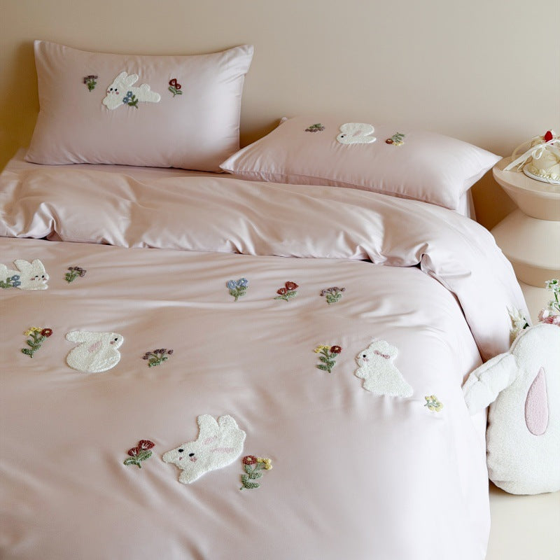 Embroidered Bunny Appliqué Satin-Feel Cotton Duvet Cover Set with Tufted Floral Accents