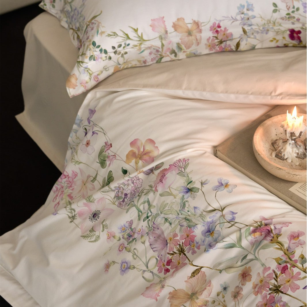 Botanical Watercolor Cotton Sateen Duvet Cover Set with Oxford Pillow Shams