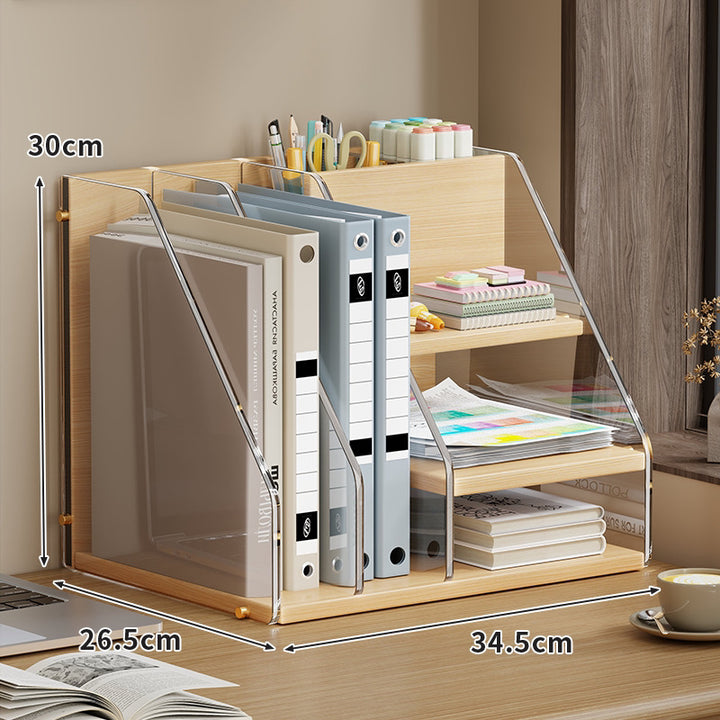 Tiered Desk Organizer with Smoky Acrylic Dividers and Wood-Grain Base