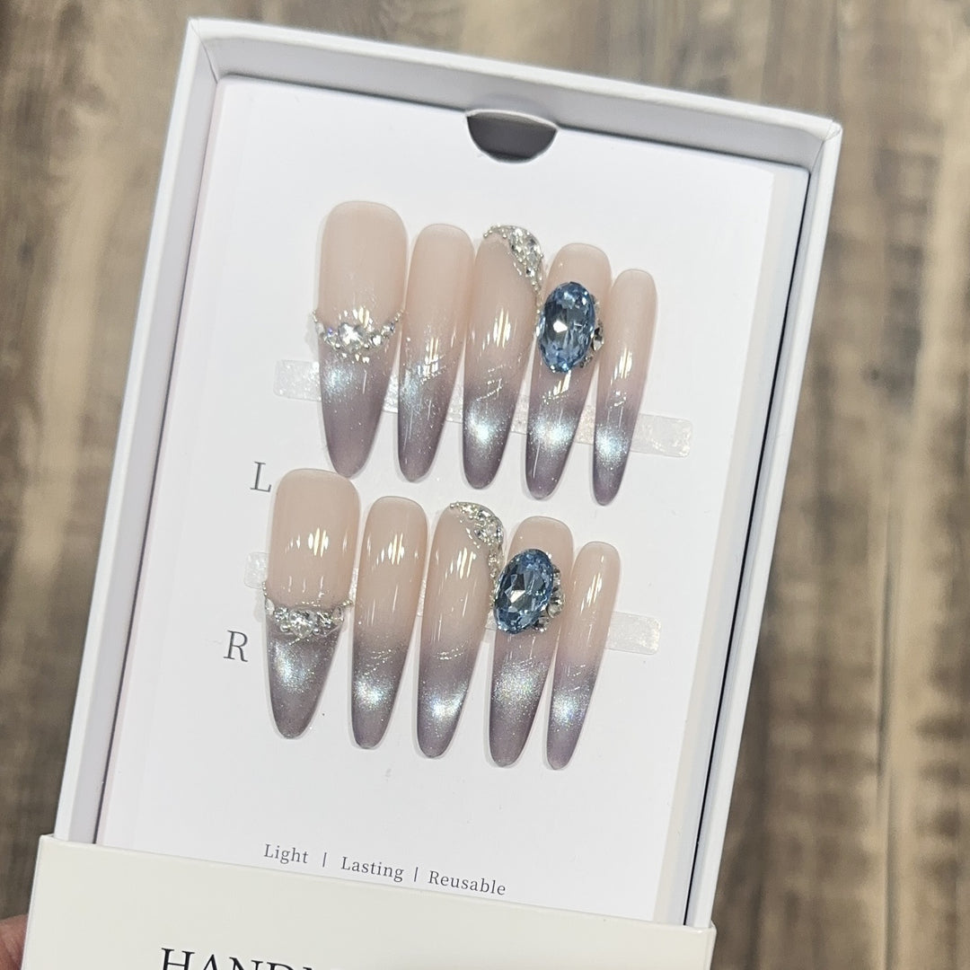 Glamorous Press-On Nail Set with Ombré Design and Rhinestone Accents Stornfield