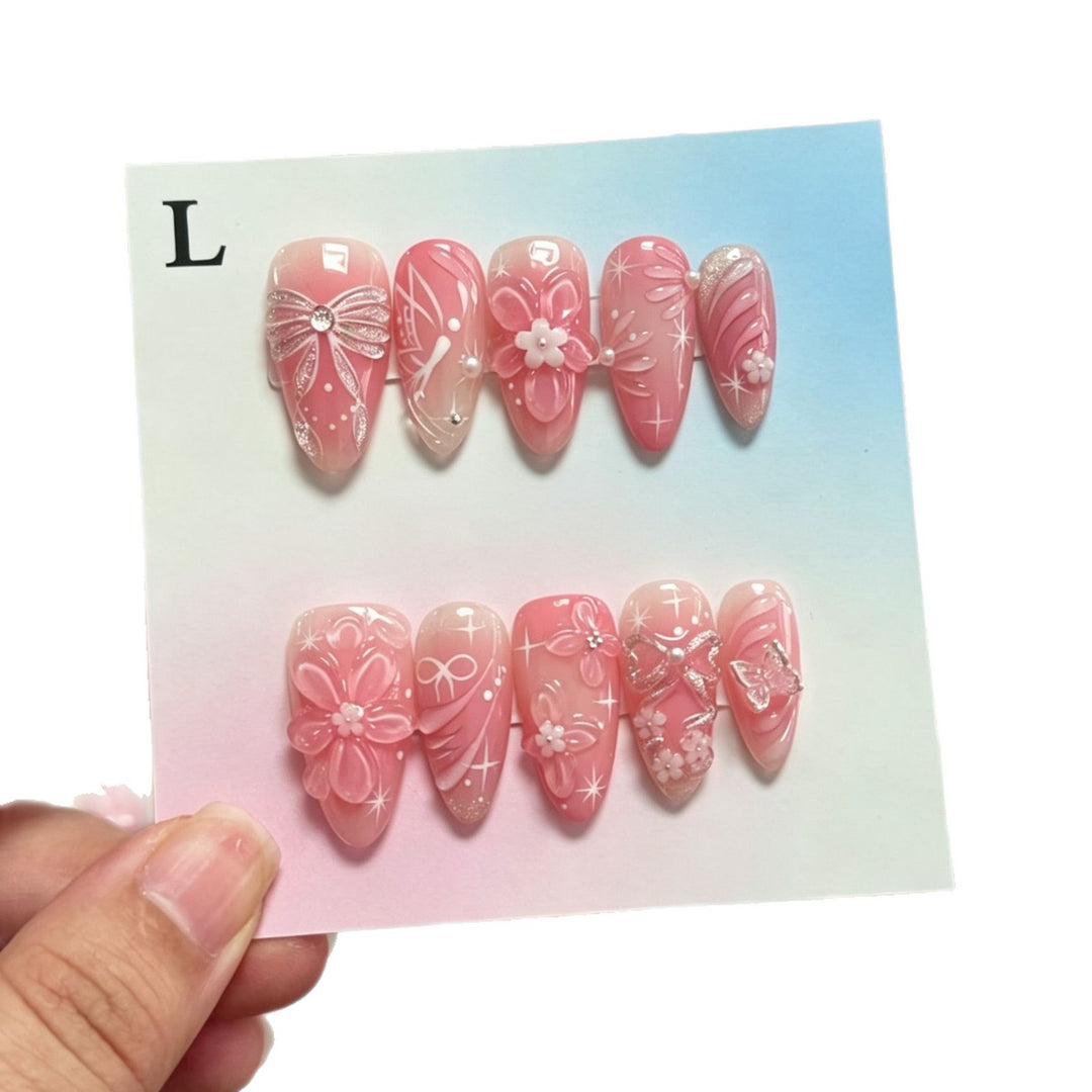 Decorative Press-On Nail Set with Floral and Bow Accents