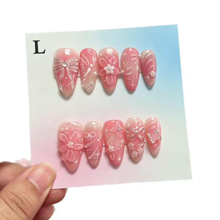 Decorative Press-On Nail Set with Floral and Bow Accents