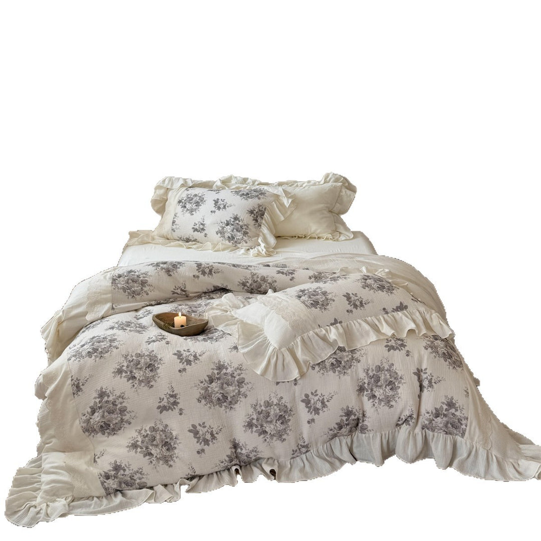 Ruffled Floral Cotton-Gauze Duvet Cover Set with Lace-Trim Pillow Shams