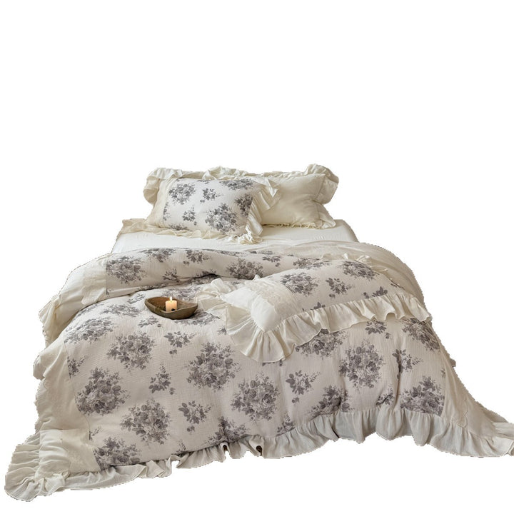 Ruffled Floral Cotton-Gauze Duvet Cover Set with Lace-Trim Pillow Shams