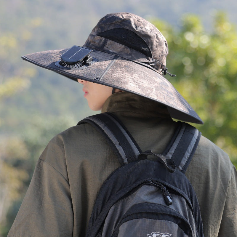 Wide-brimmed outdoor sun hat with solar-powered micro fan, breathable mesh and adjustable chin strap Stornfield