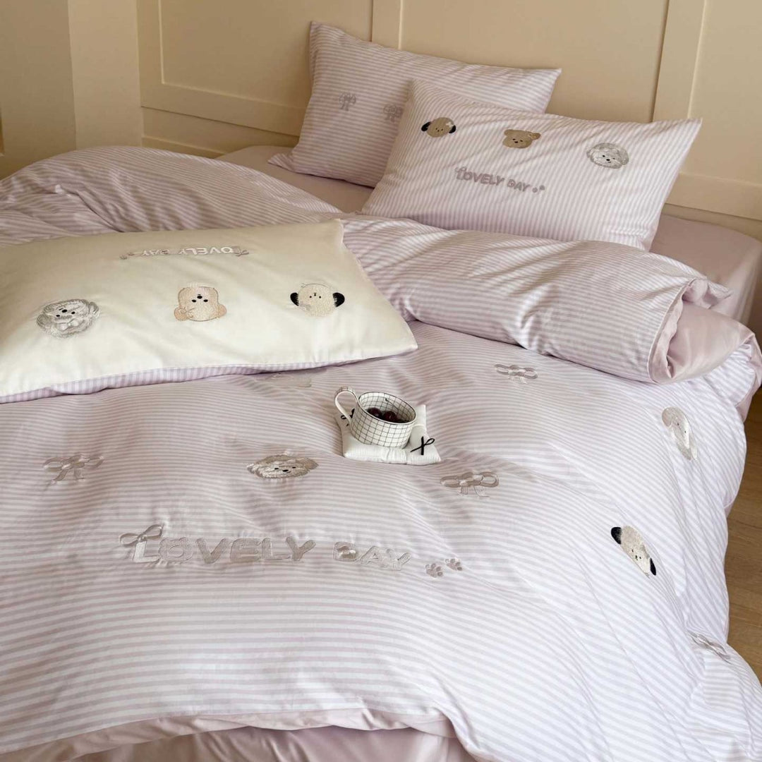 Cute Embroidered Puppy Cotton Duvet Cover Set