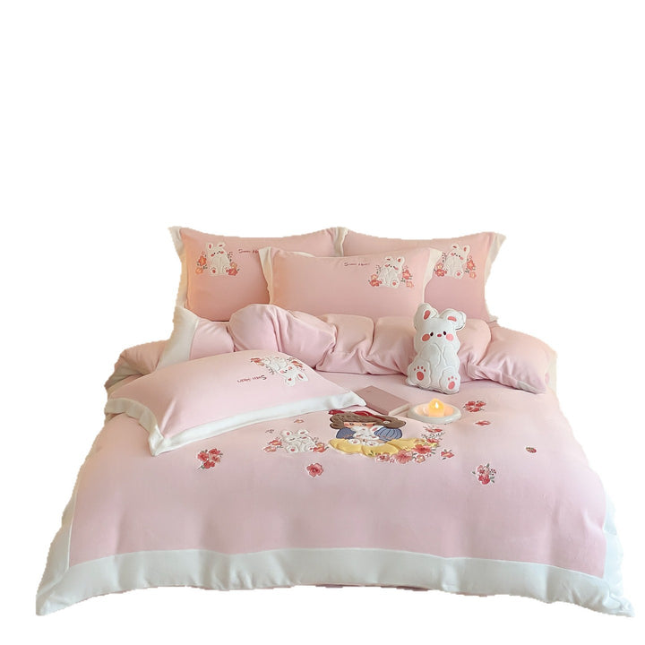 Cartoon Embroidered Duvet Cover Set with Plush Appliqué & Pillow Shams