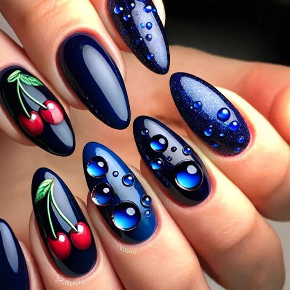Artistic water droplet and cherry motifs artificial nails Stornfield