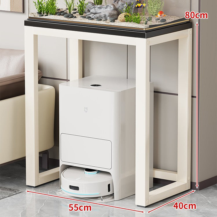 Gold Metal Aquarium Console Table with Faux Marble Top and Robot Vacuum Storage
