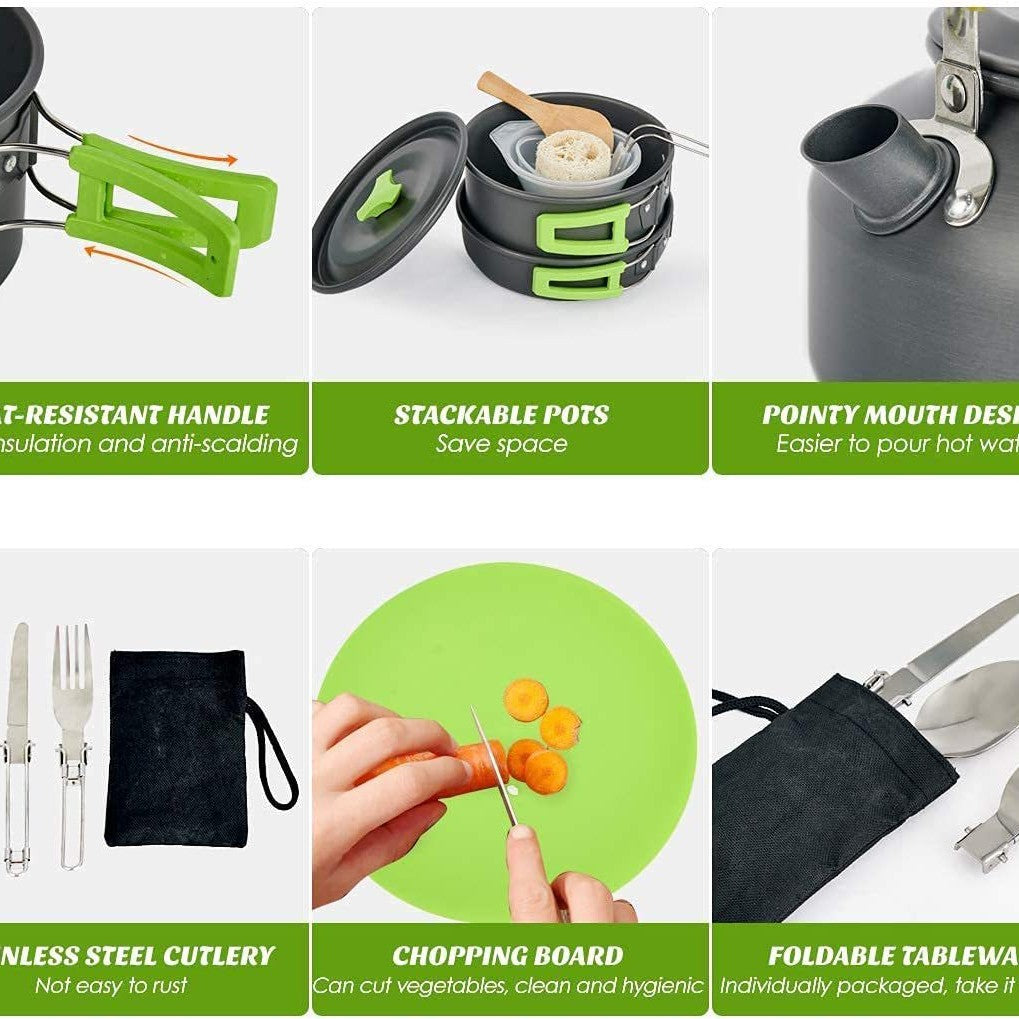 lightweight non-stick camping cookware set with folding handles kettle pot pan utensils and mesh carry bag Stornfield