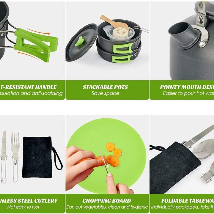lightweight non-stick camping cookware set with folding handles kettle pot pan utensils and mesh carry bag Stornfield