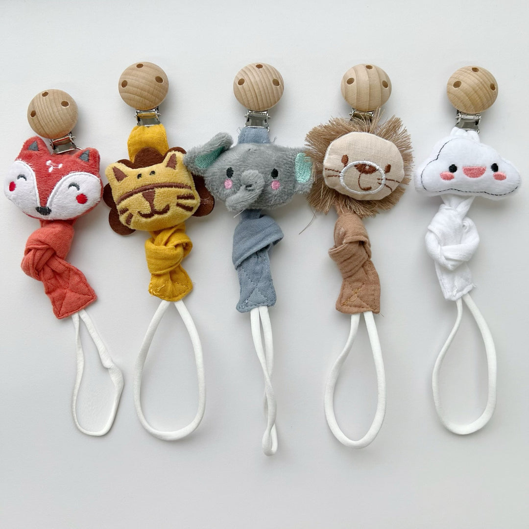 Baby Pacifier Clip with Plush Elephant Head Wooden Safety Clip