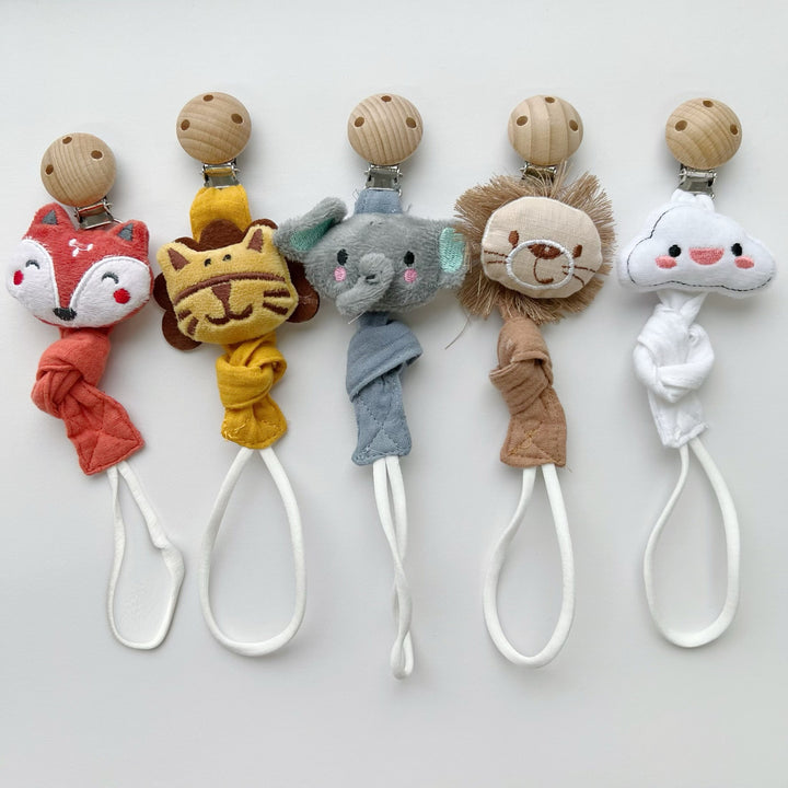 Baby Pacifier Clip with Plush Elephant Head Wooden Safety Clip