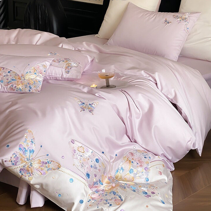 Satin-Feel Butterfly Embroidered Duvet Cover Bedding Set