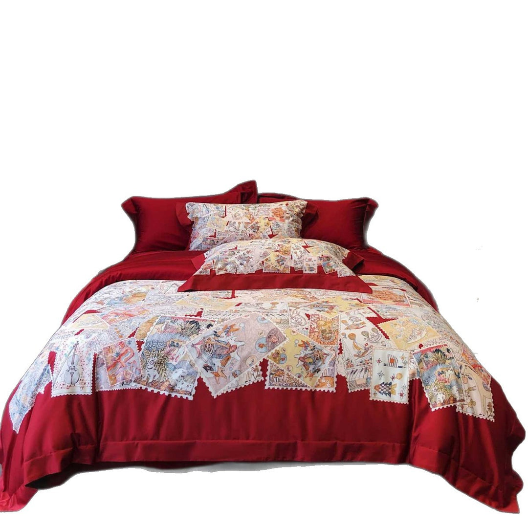 Luxurious cotton satin bed linen set with fine floral ornamentation and decorative pillowcase