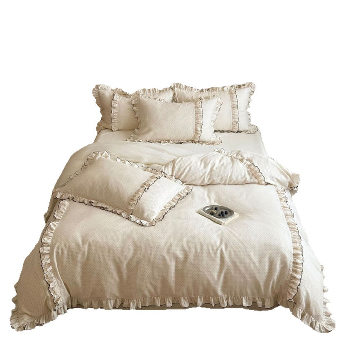 Cottage Ruffled Duvet Cover Ensemble with Microdot Cotton Sateen Frilled Hem and Piped Pillow Shams