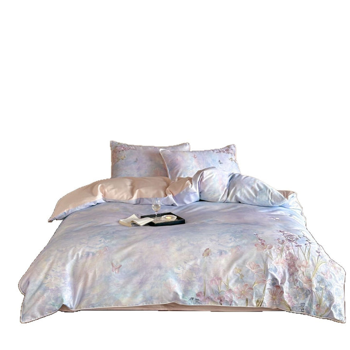 Watercolor Floral Cotton Sateen Duvet Cover Set with Reversible Solid Back and Euro Shams