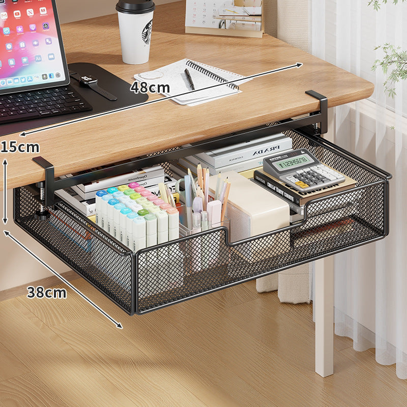Clamp-On Under-Table Sliding Mesh Drawer with Adjustable Rail and Ventilated Metal Basket