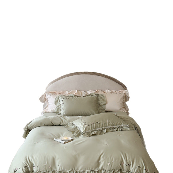Luxury Sateen Ruffled Duvet Cover Set with Delicate Hand-Embroidered Sprig Detail