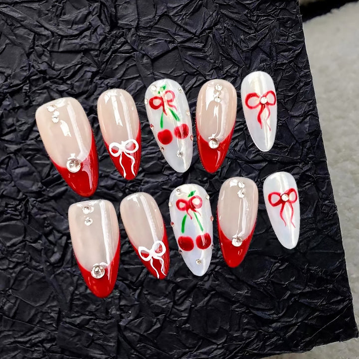 Artistic Press-On Nail Set with Cherry and Ribbon Design Stornfield