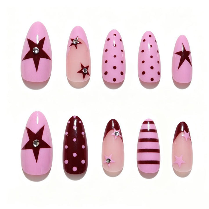 Artificial nail set with asymmetric designs and glitter accents Stornfield