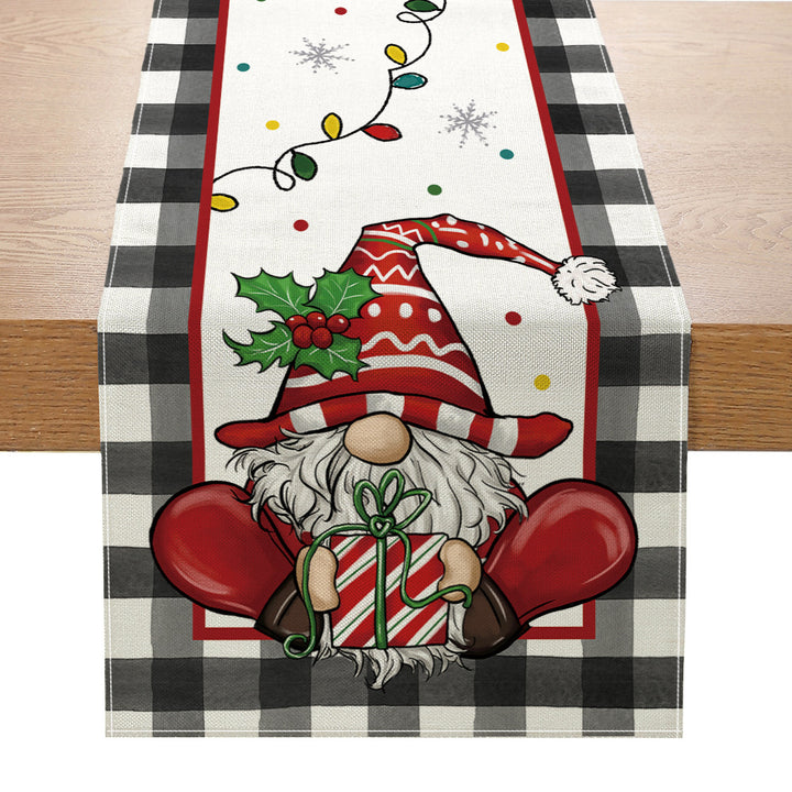 Festive Buffalo Check Cotton-Linen Table Runner with Merry Christmas Pine Design