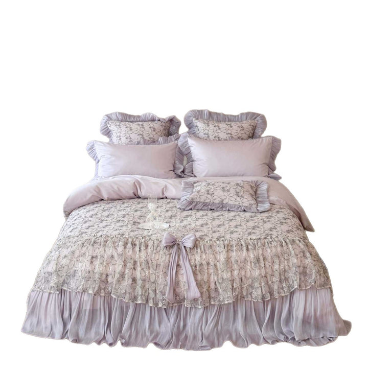 Romantic satin bedding set with ruffles and lace bedspread