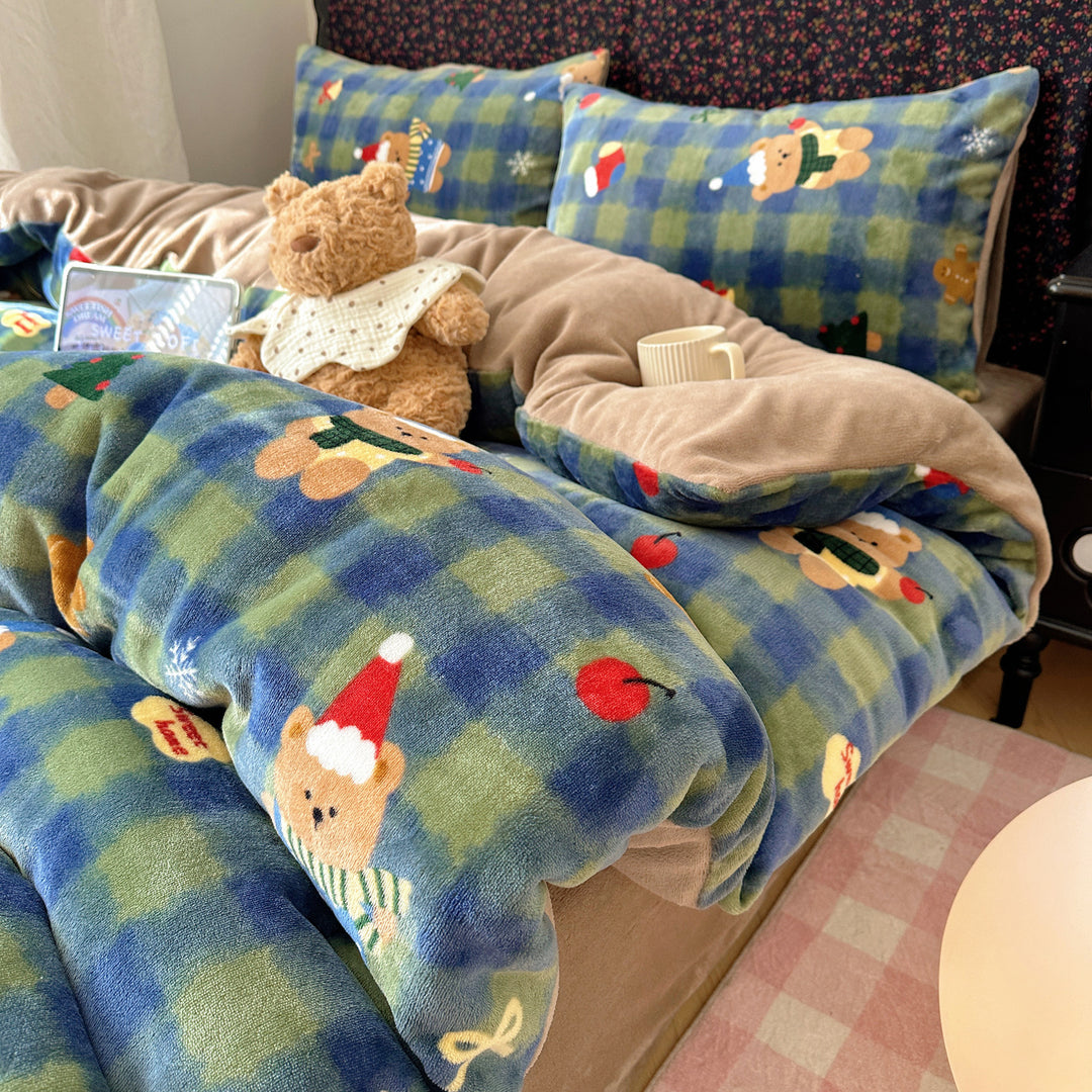 Children's Plush Reversible Teddy Patchwork Comforter Bed Set