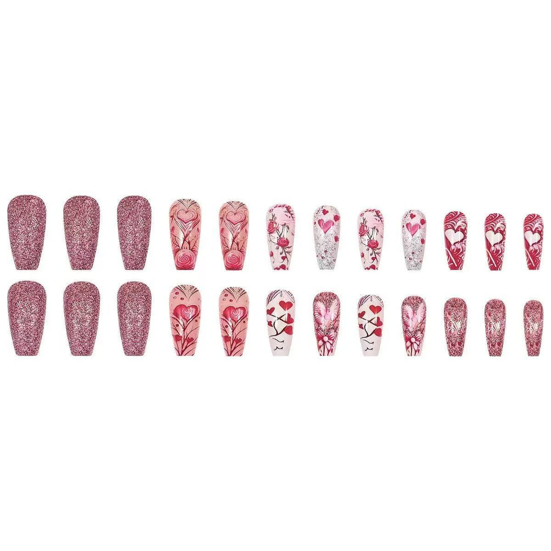 Artificial nail set with romantic heart and flower motifs Stornfield