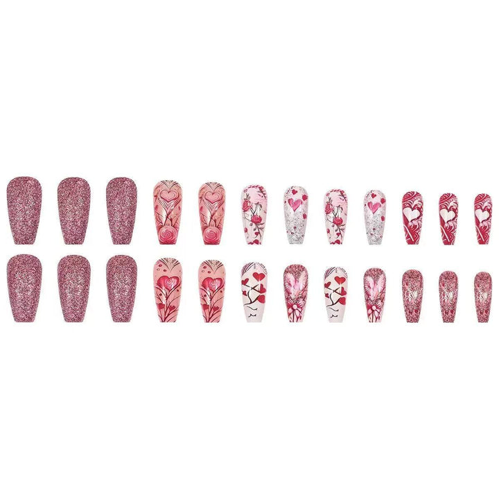 Artificial nail set with romantic heart and flower motifs Stornfield