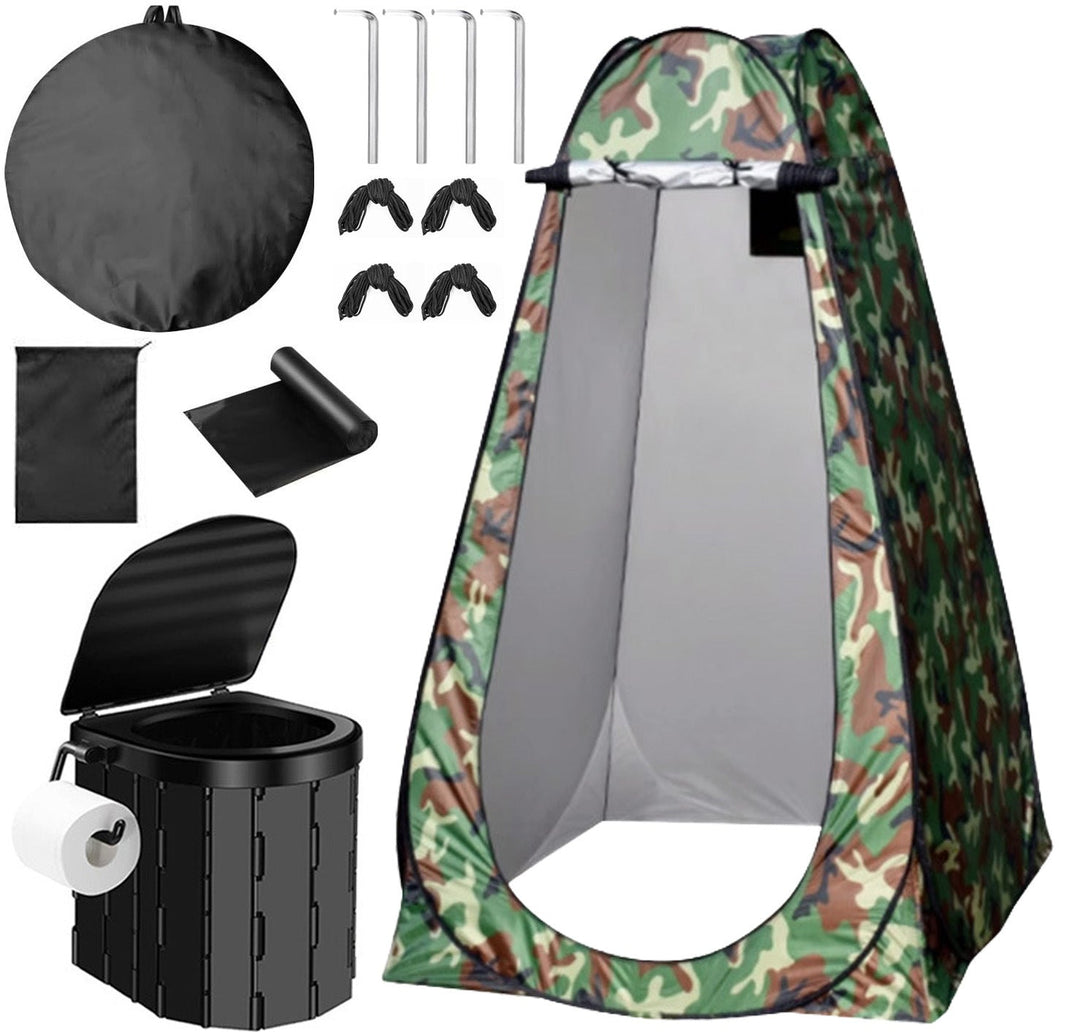Portable pop-up privacy tent and collapsible camping toilet kit with full accessory set Stornfield