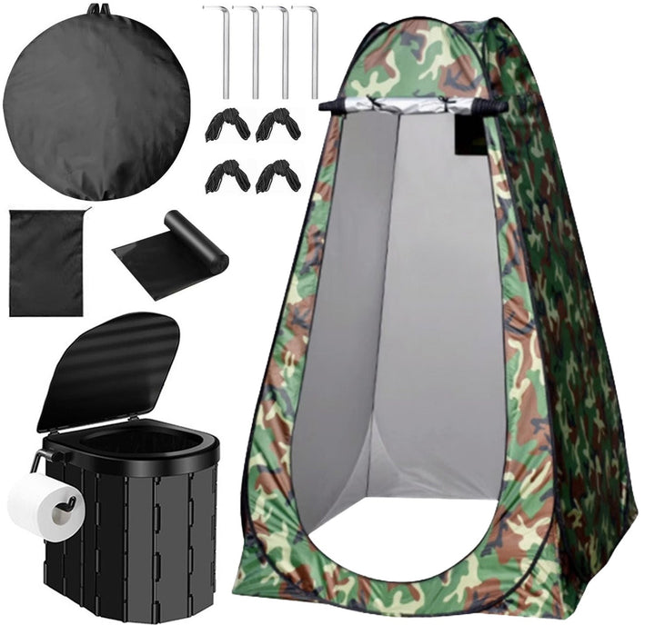 Portable pop-up privacy tent and collapsible camping toilet kit with full accessory set Stornfield
