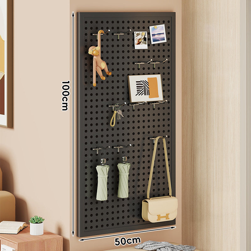 Large Vertical Perforated Wall Storage Panel with Adjustable Hooks and Accessory Mounts